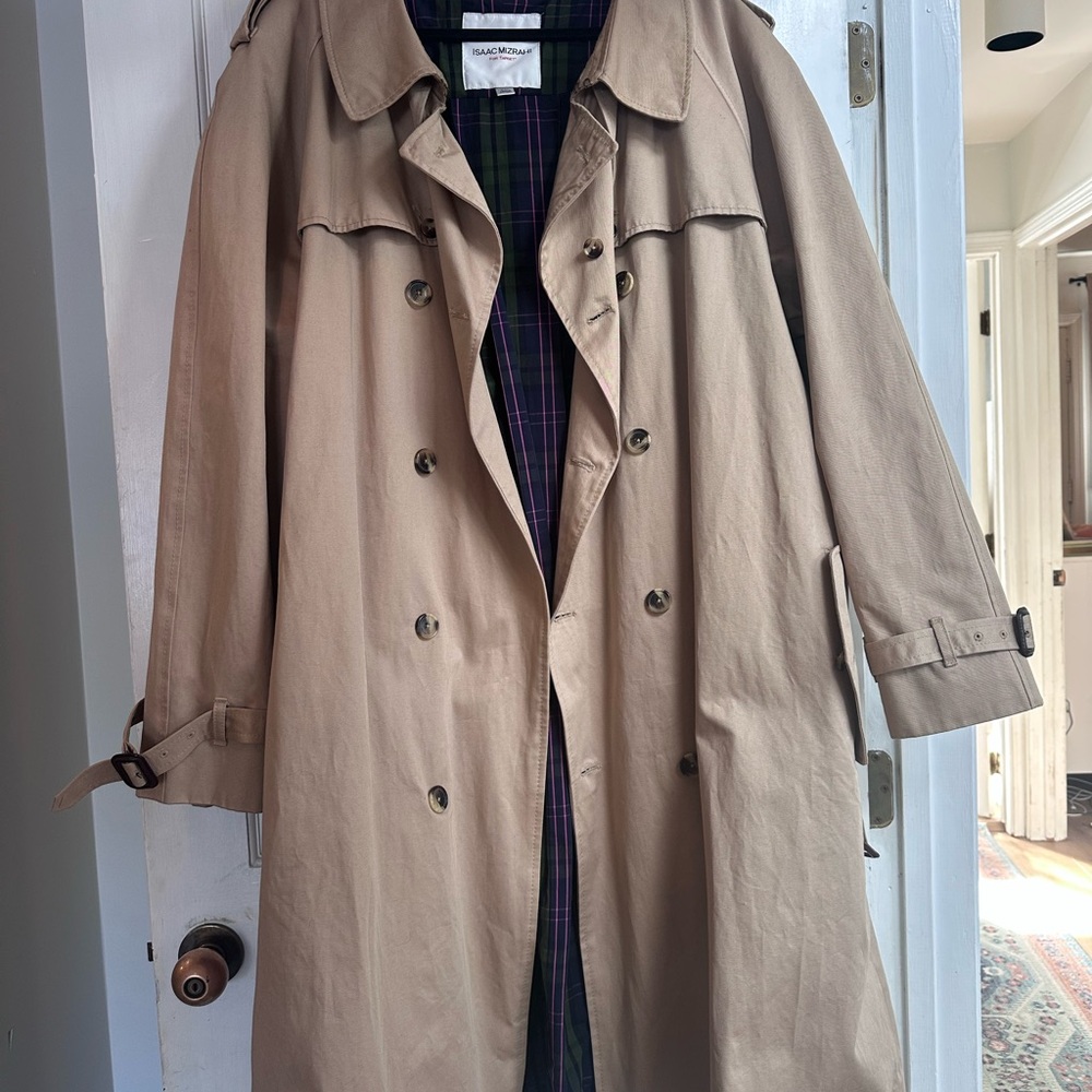 Isaac Mizrahi Tan Trench Coat with Wide Collar and Belt